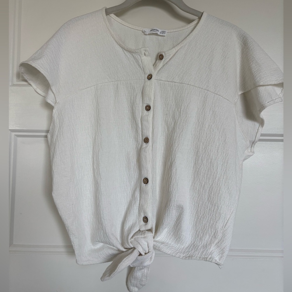 Mango Cream Button Down Shirt with Tie Front and Cap Sleeves